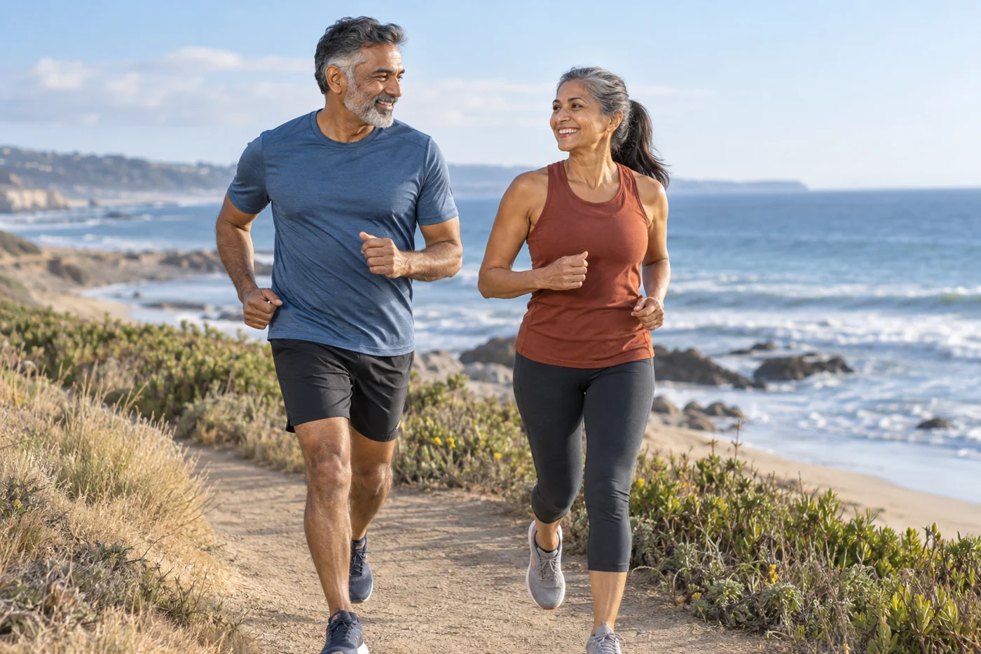 AI-generated illustration of a gray-haired athletic couple jogging beside the sea