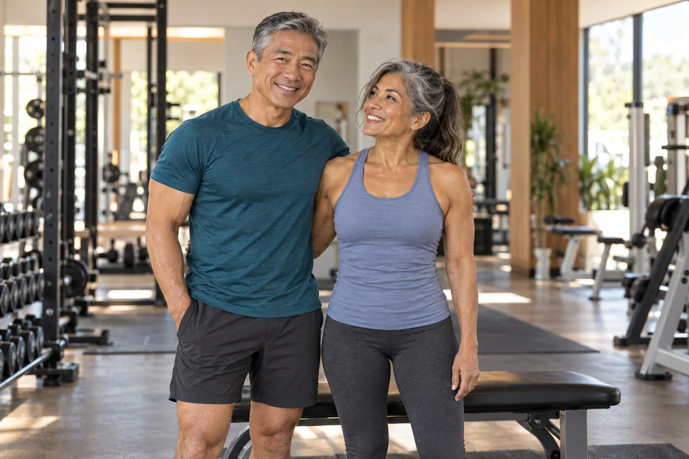 AI-generated illustration of a midlife couple standing together in a bright gym