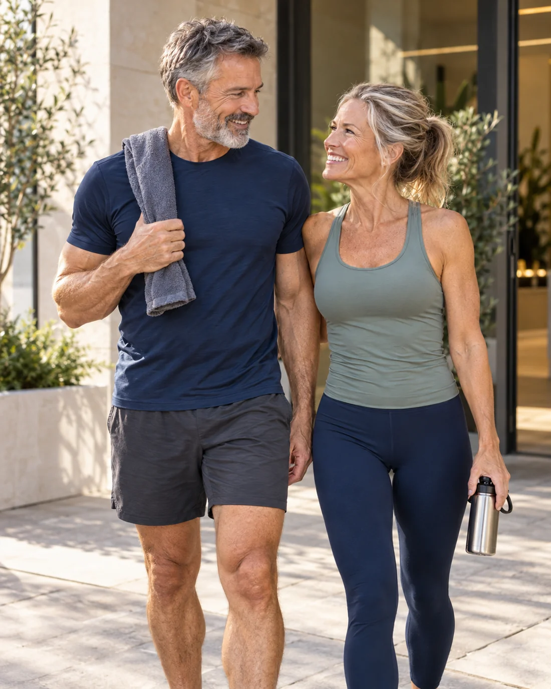 AI-generated illustration of an athletic gray-haired couple outside a fitness studio