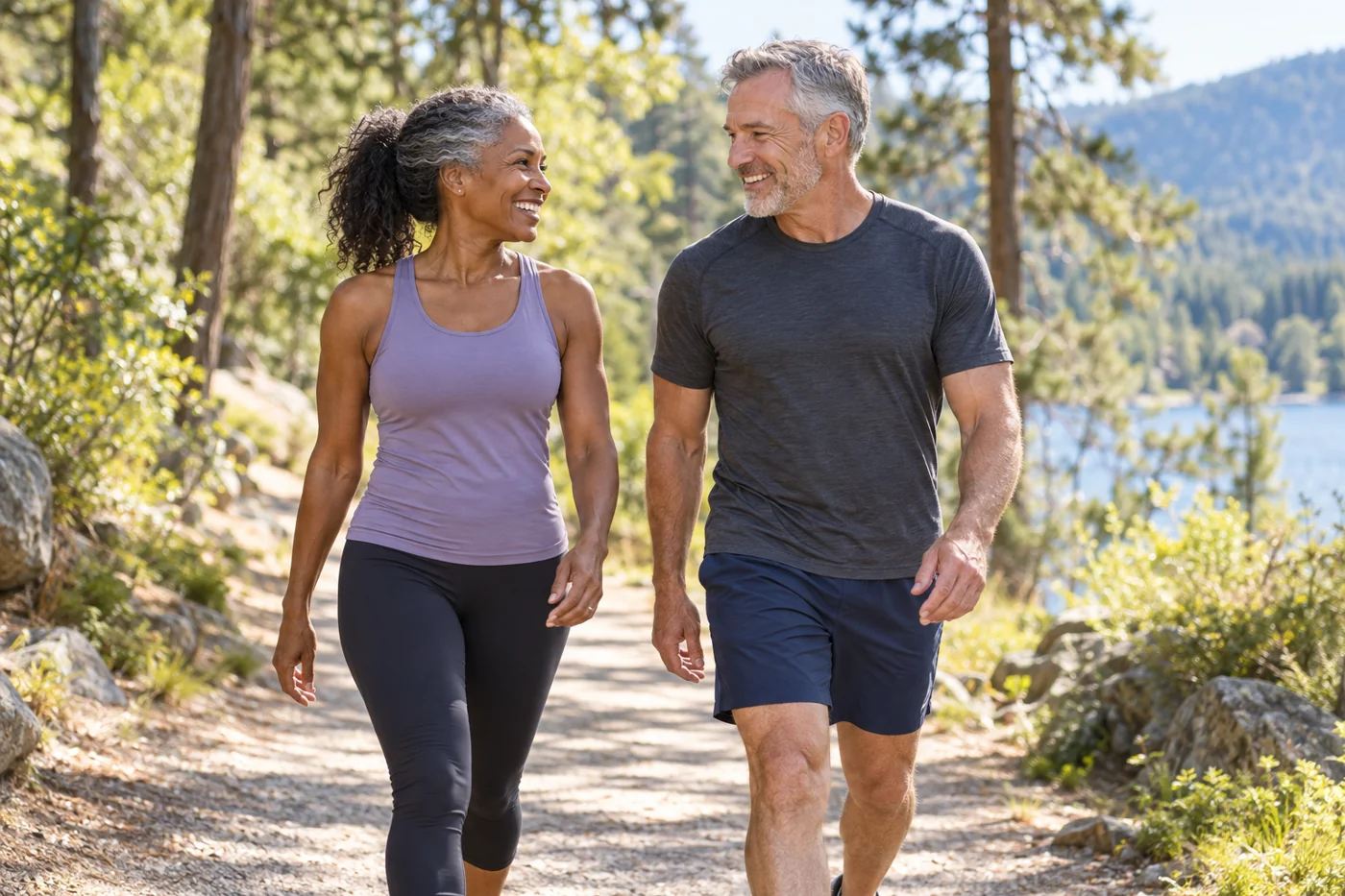 AI-generated illustration of an athletic couple with graying hair on a woodland walk